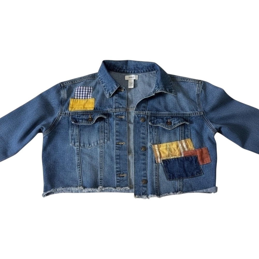 Forever‎ 21 Cropped Patchwork Denim Jacket Blue Distressed Raw Hem Size Small